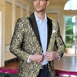 130B. NWOT Coofandy Elegant Black and Gold Men's Paisley Blazer - Size XXXL